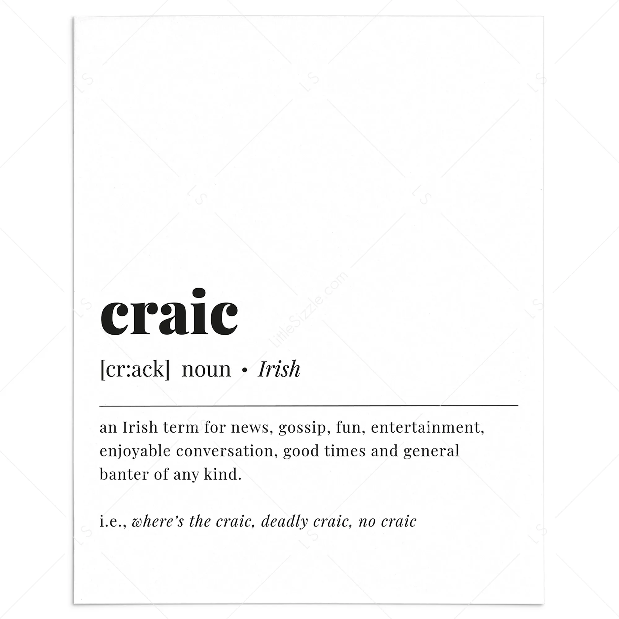 Craic Irish Definition Print Instant Download