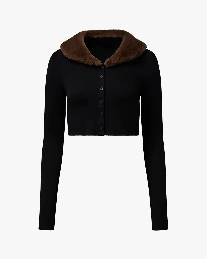 Cropped Faux Fur Collar Cardigan