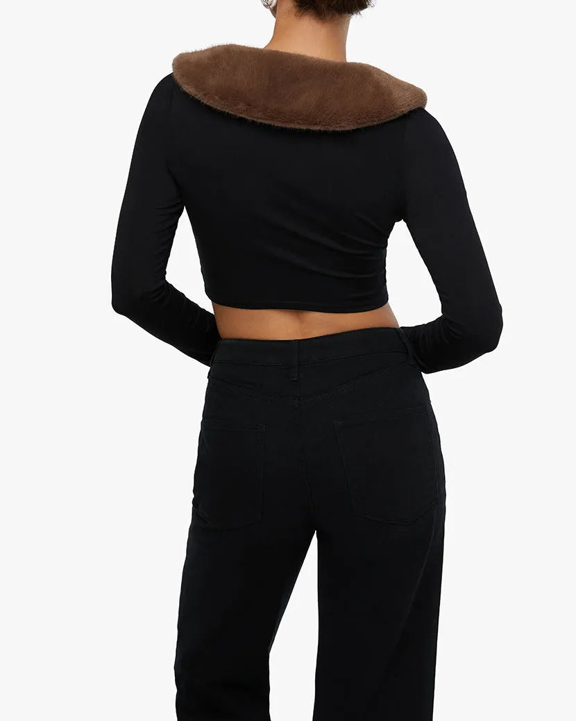 Cropped Faux Fur Collar Cardigan