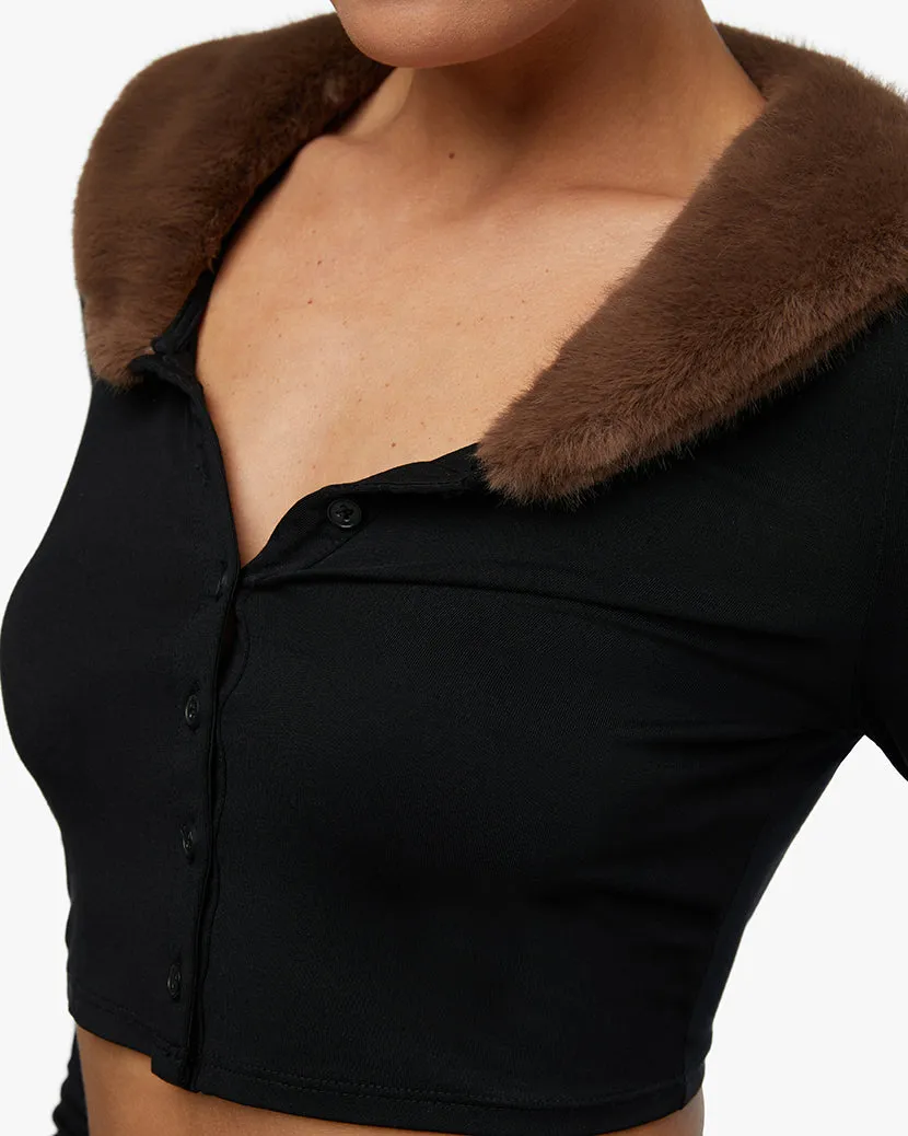 Cropped Faux Fur Collar Cardigan
