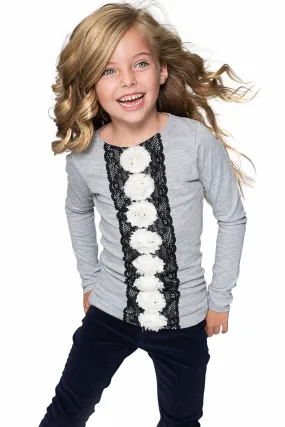 Cute Grey Fancy Long Sleeve Top with Lace & Flower Trim - Girls