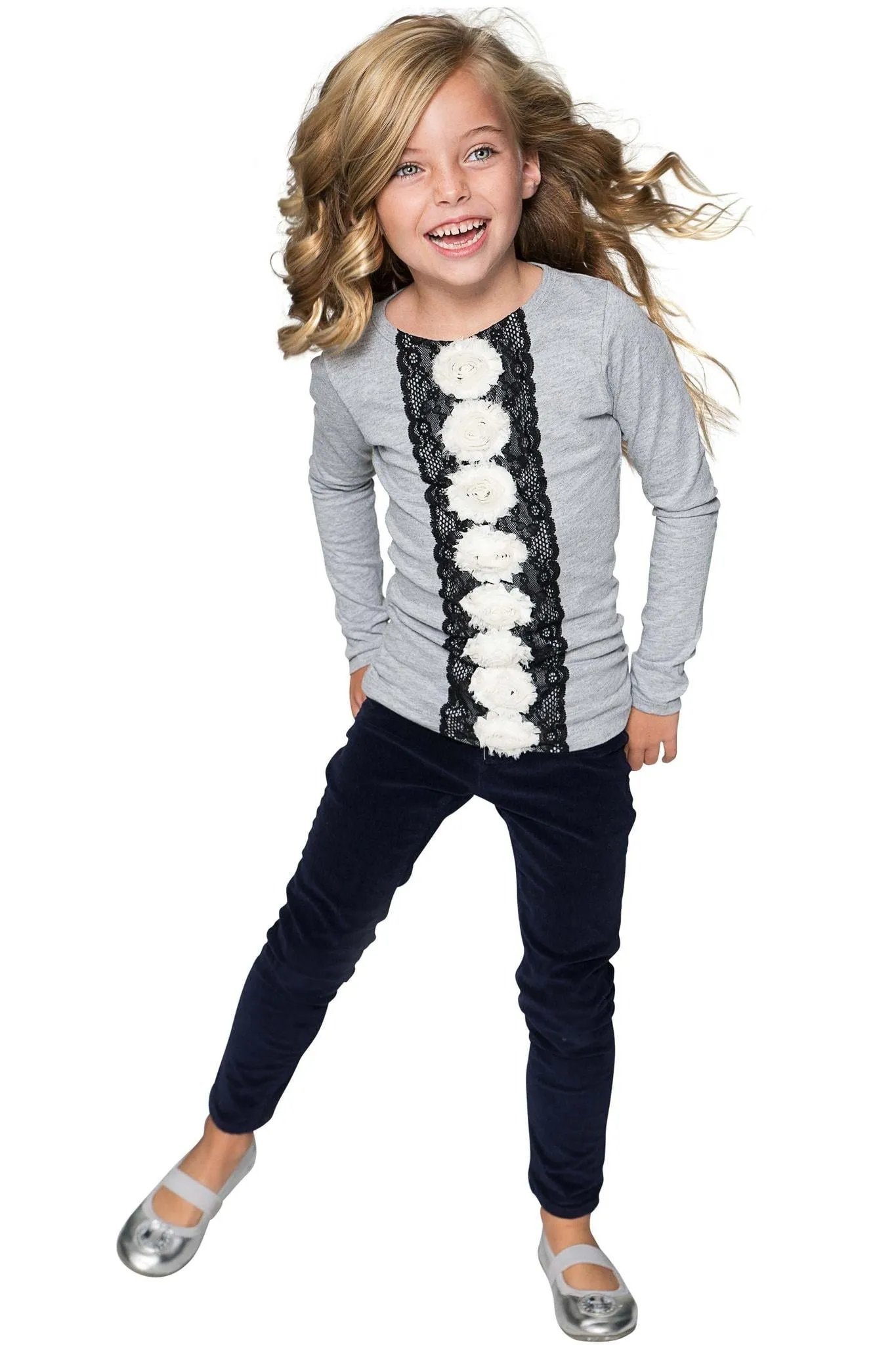 Cute Grey Fancy Long Sleeve Top with Lace & Flower Trim - Girls