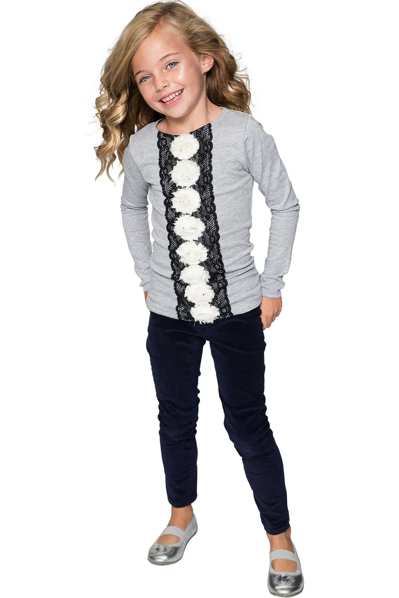 Cute Grey Fancy Long Sleeve Top with Lace & Flower Trim - Girls