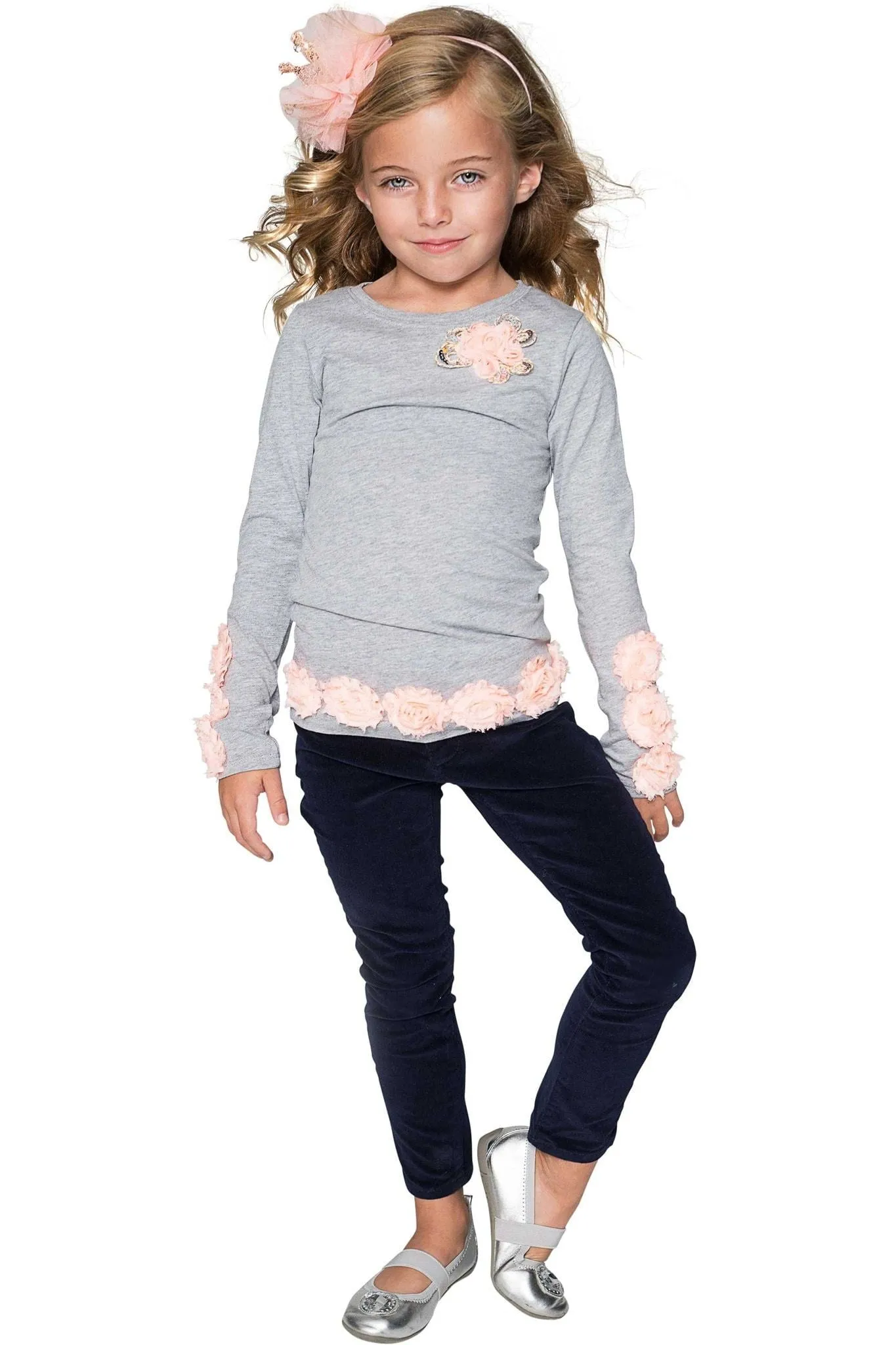 Cute Grey Long Sleeve Dressy Top with Flower Trim - Girls