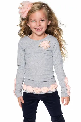 Cute Grey Long Sleeve Dressy Top with Flower Trim - Girls