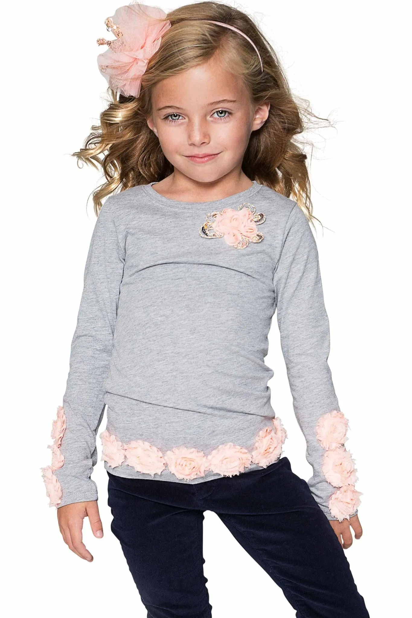 Cute Grey Long Sleeve Dressy Top with Flower Trim - Girls