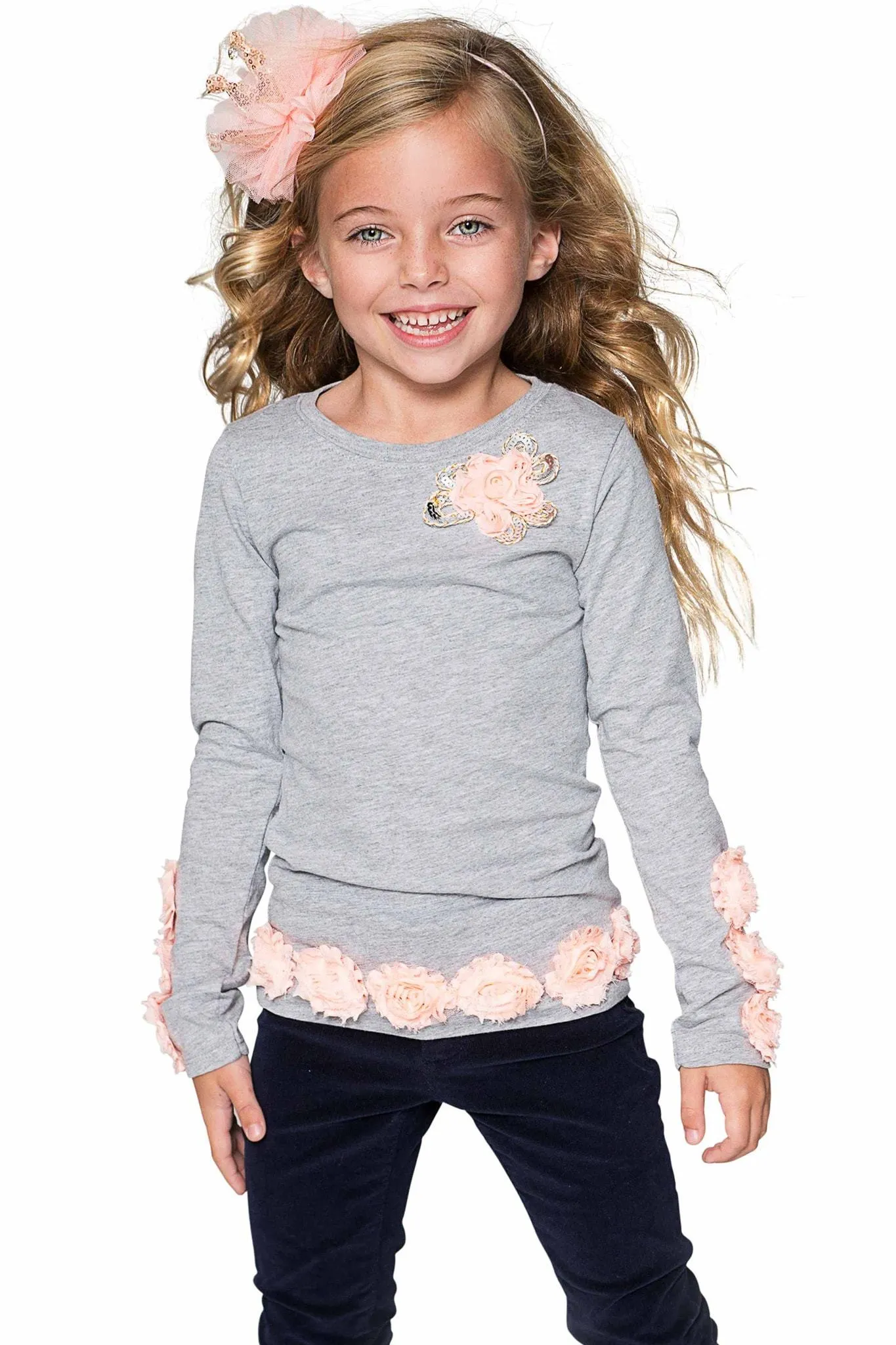Cute Grey Long Sleeve Dressy Top with Flower Trim - Girls