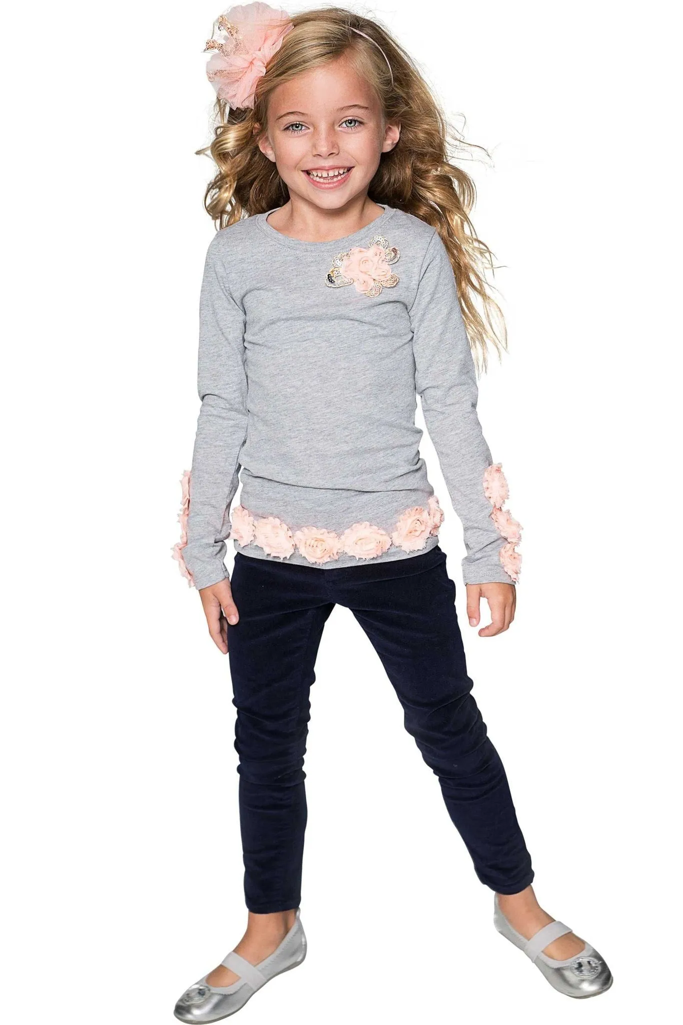 Cute Grey Long Sleeve Dressy Top with Flower Trim - Girls