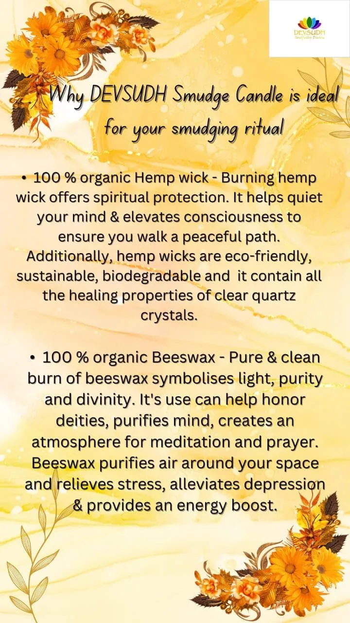 DEVSUDH Smudge Candle (Organic Beeswax & 3-Hemp Wick)| India's 1st Hemp Wick Candle|Manifestation Candle,Cleanses Negative Energy| Yoga,Meditation,Spa,Reiki,Aromatherapy| (White Sage & Rosemary)