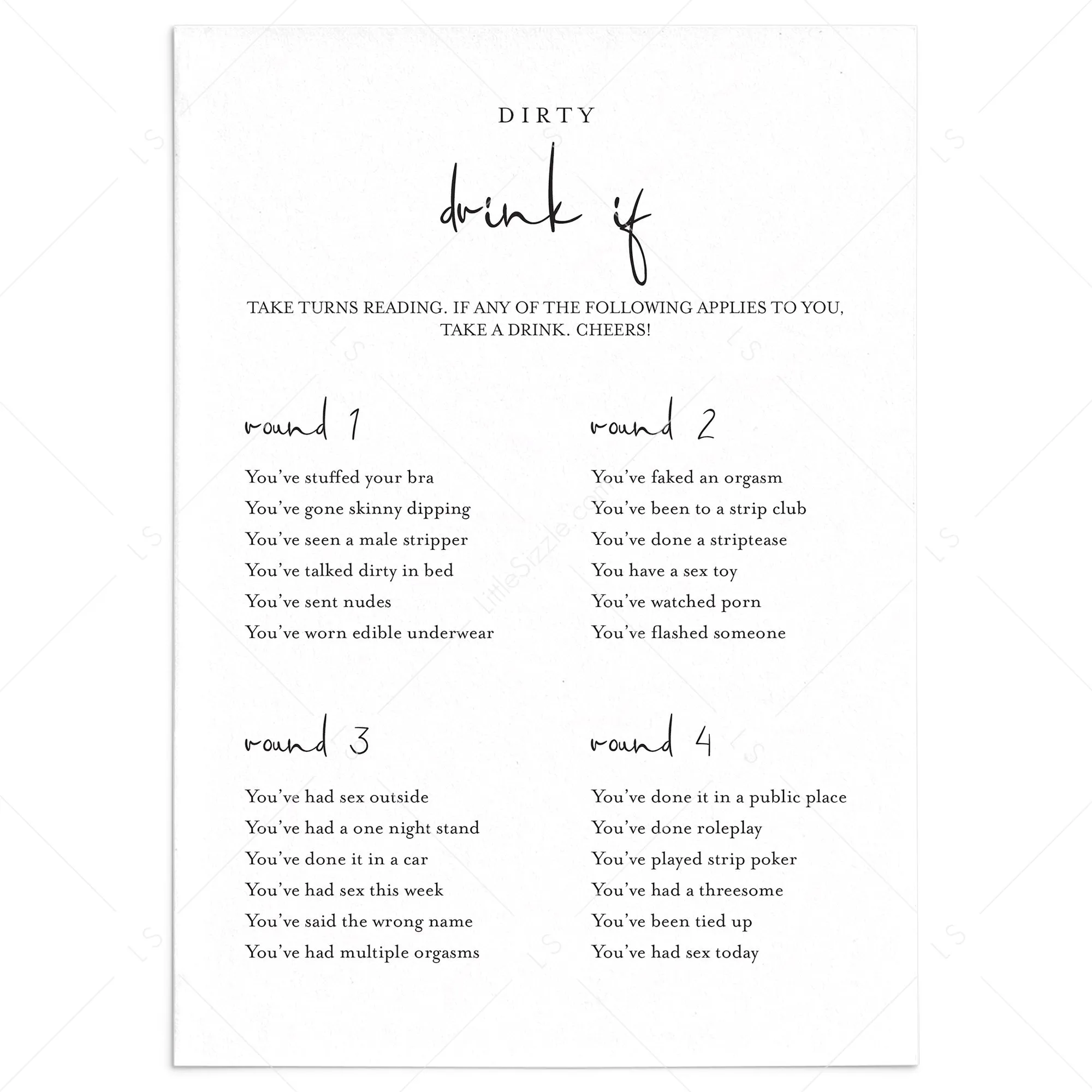 Dirty Drink If Game for Girls Night Printable