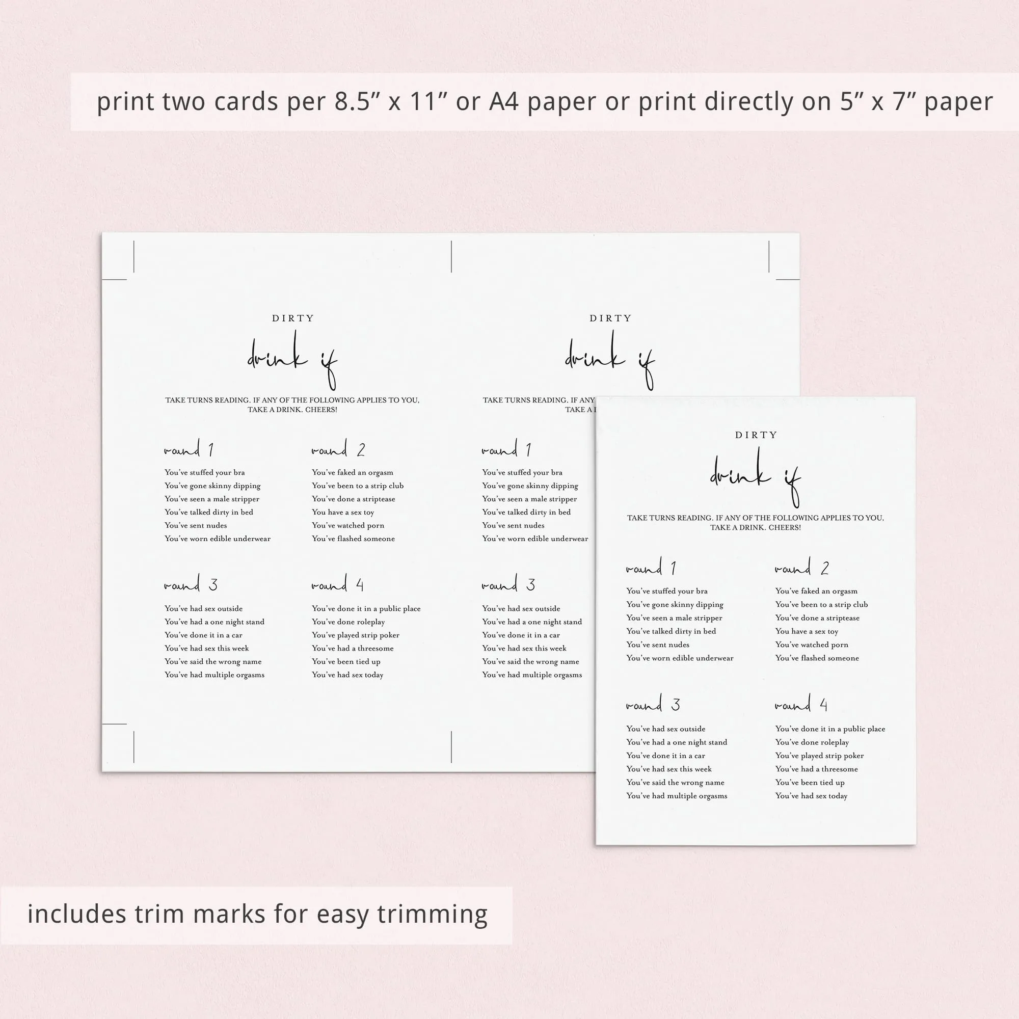 Dirty Drink If Game for Girls Night Printable