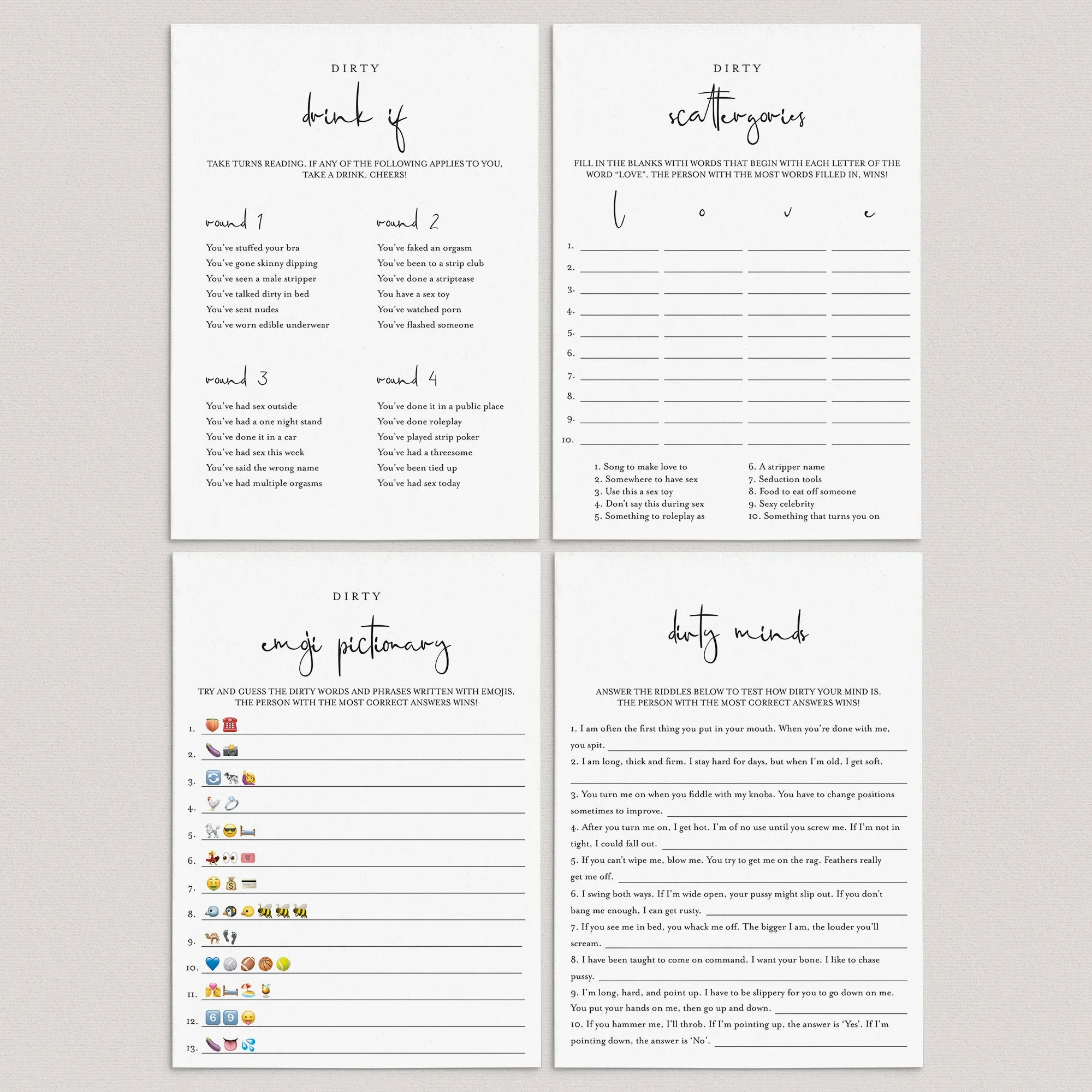 Dirty Games Bundle Printable Modern Minimalist