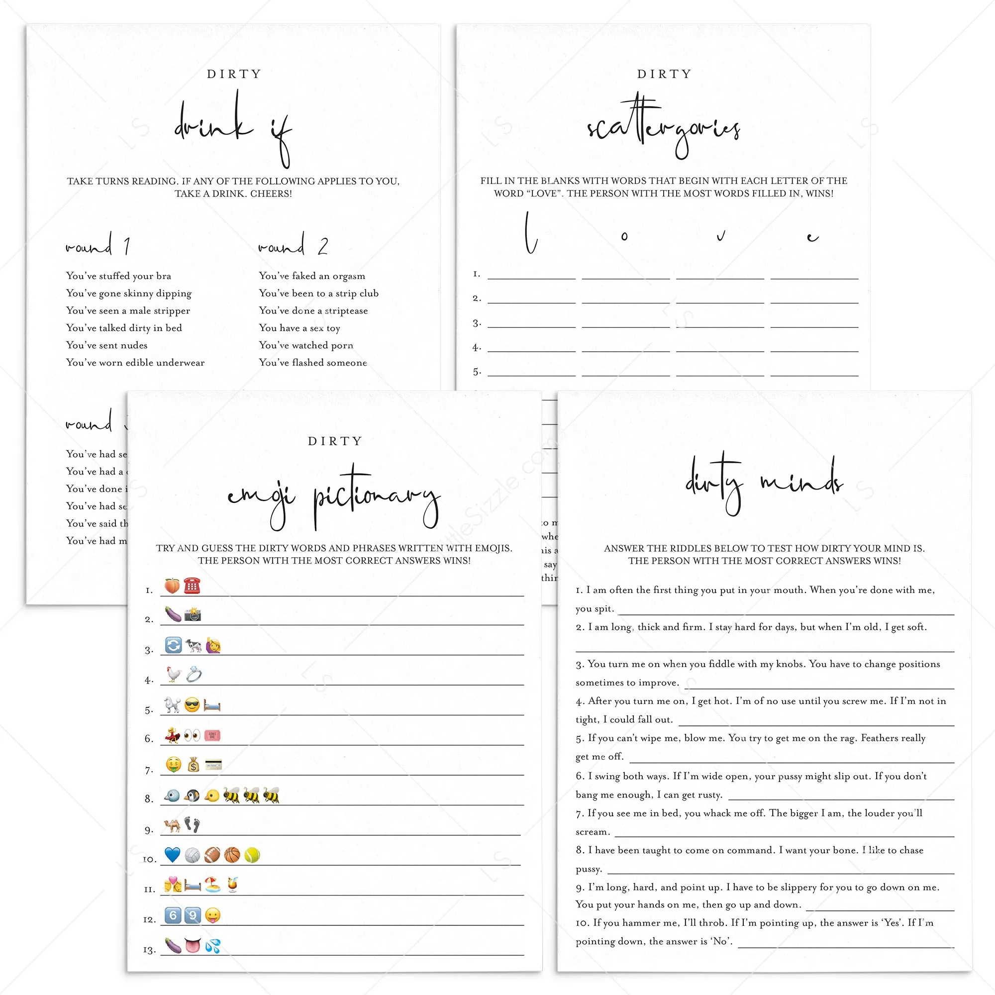 Dirty Games Bundle Printable Modern Minimalist