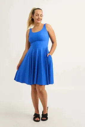Electric Blue Silky - Scoop Neck Comfort Crop Midi Dress W/ Pockets