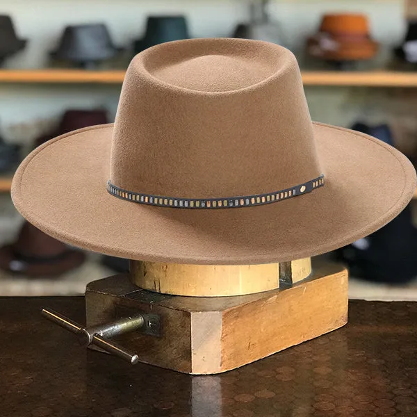 Elegant Wide-Brim Light Brown Hat with Blue Ribbon and White Accents