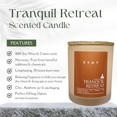 ESMY Soy Wax Scented Candle | 160 gm | 30 Hours Burn Time | Tranquil Retreat | Non-Toxic, Long-Lasting, Premium Scented Candle for Home Decor, Gifting & Aromatherapy