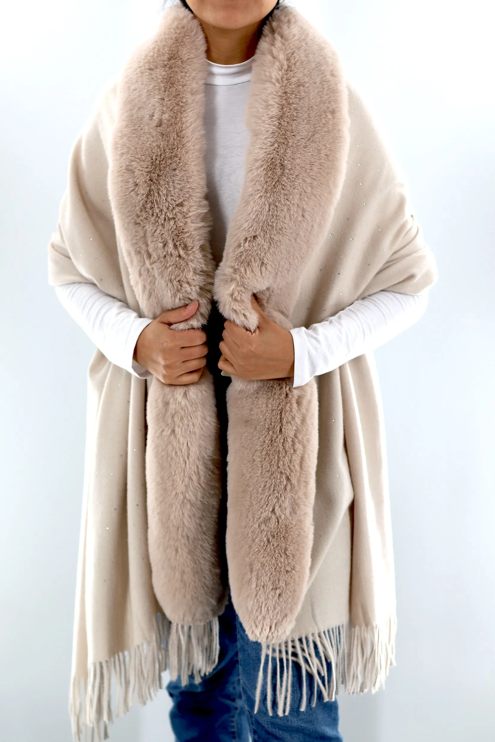 Faux fur trim wrap with Embellishments-Ivory