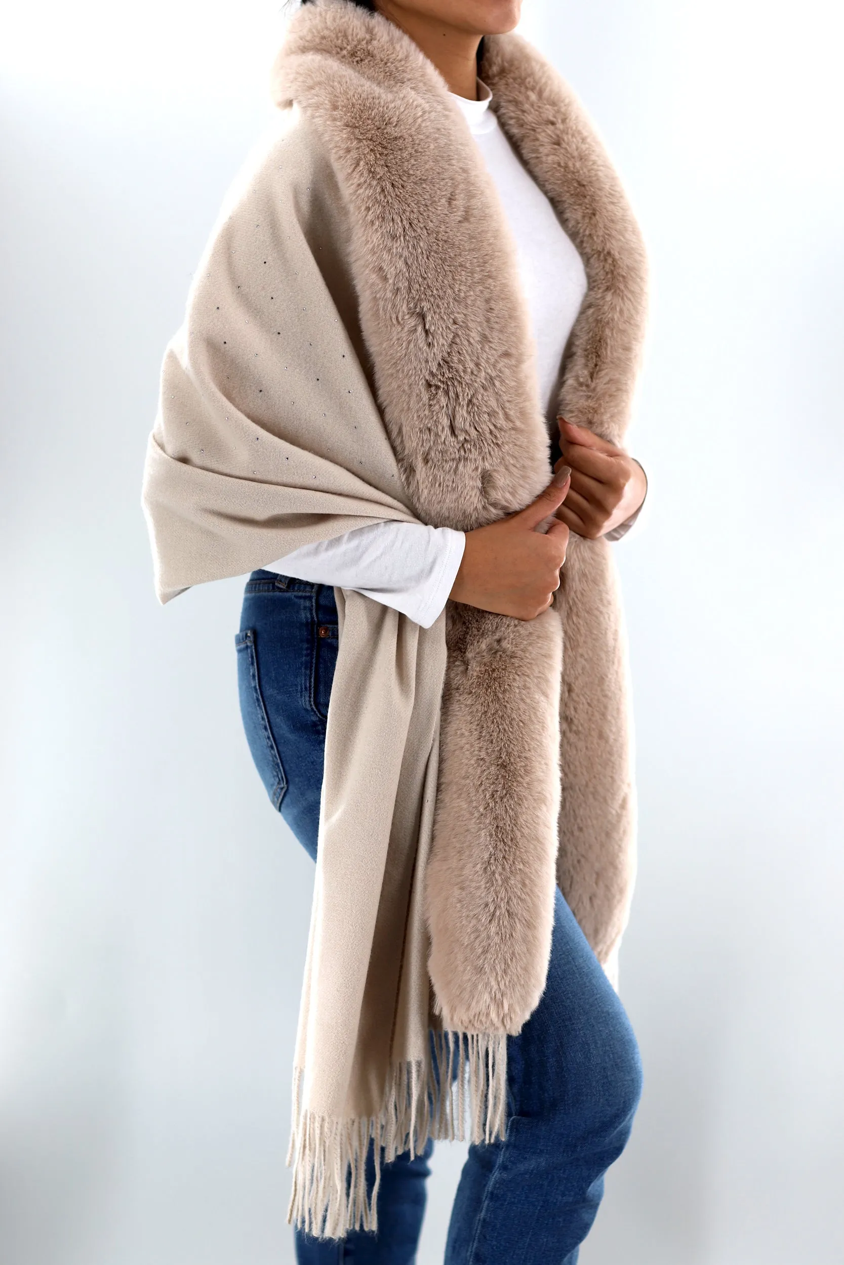 Faux fur trim wrap with Embellishments-Ivory