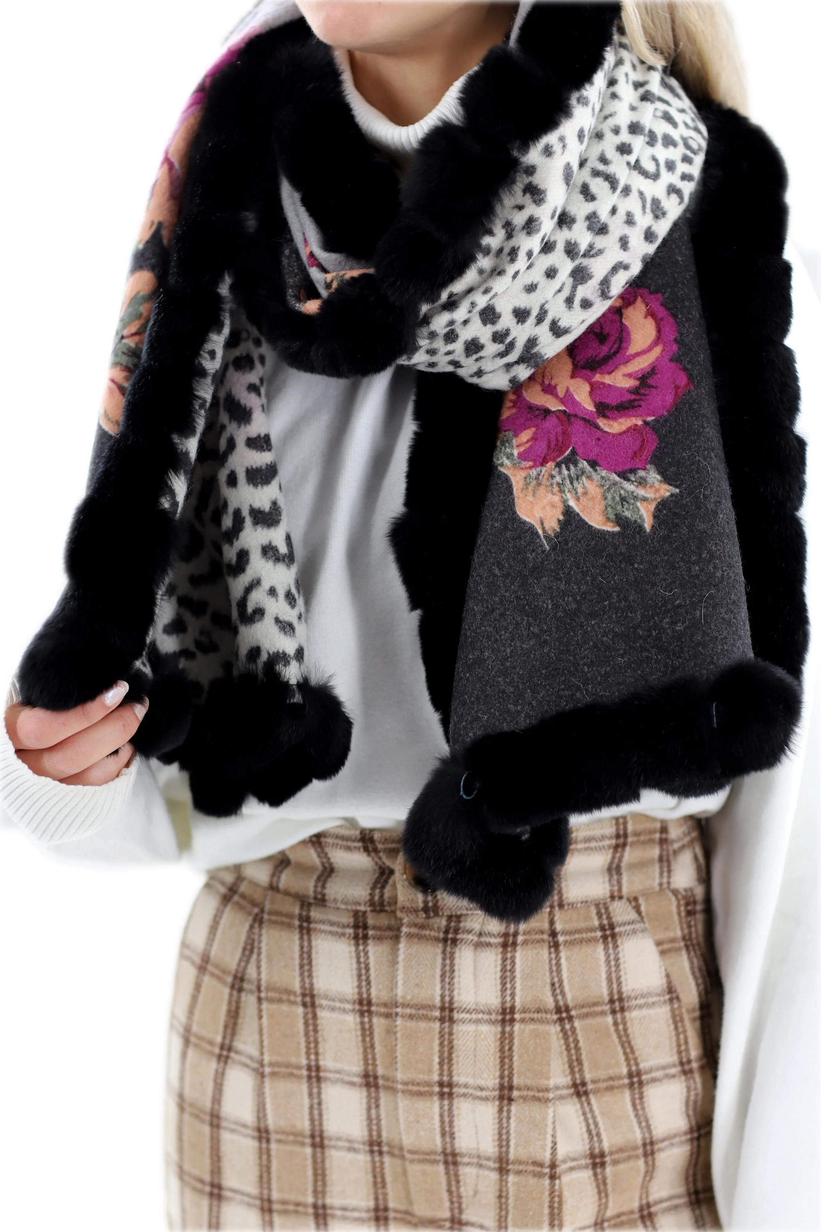 Floral Reversible Animal Print Wrap with Genuine Rex Rabbit Trim - 100% Wool - Black