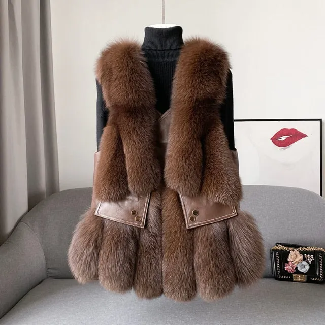 Fox Fur Vest Real Leather Coat