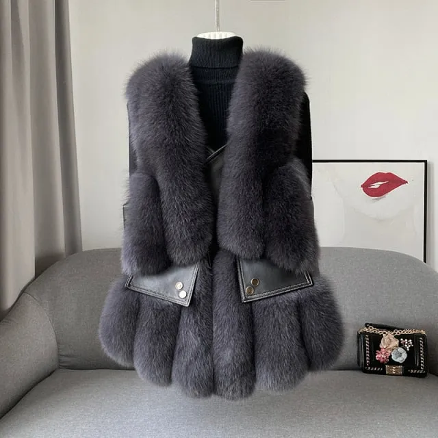 Fox Fur Vest Real Leather Coat