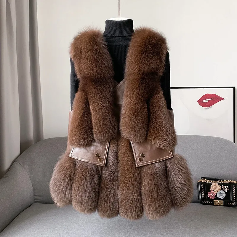 Fox Fur Vest Real Leather Coat