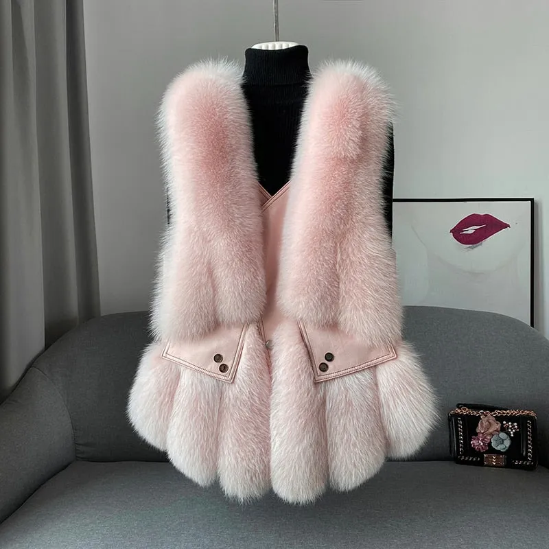 Fox Fur Vest Real Leather Coat