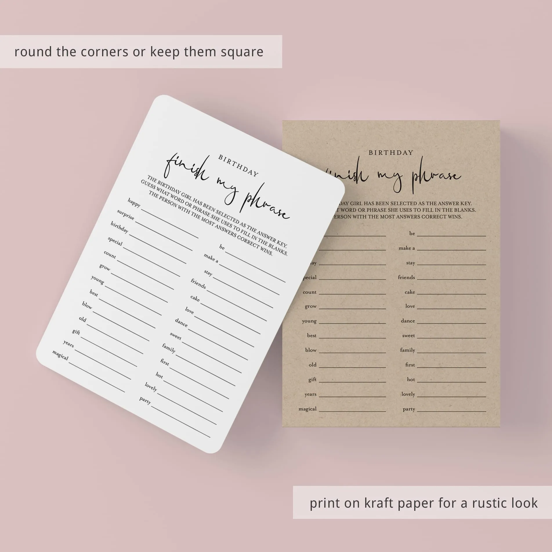 Girl Birthday Game for Groups Finish My Phrase Printable