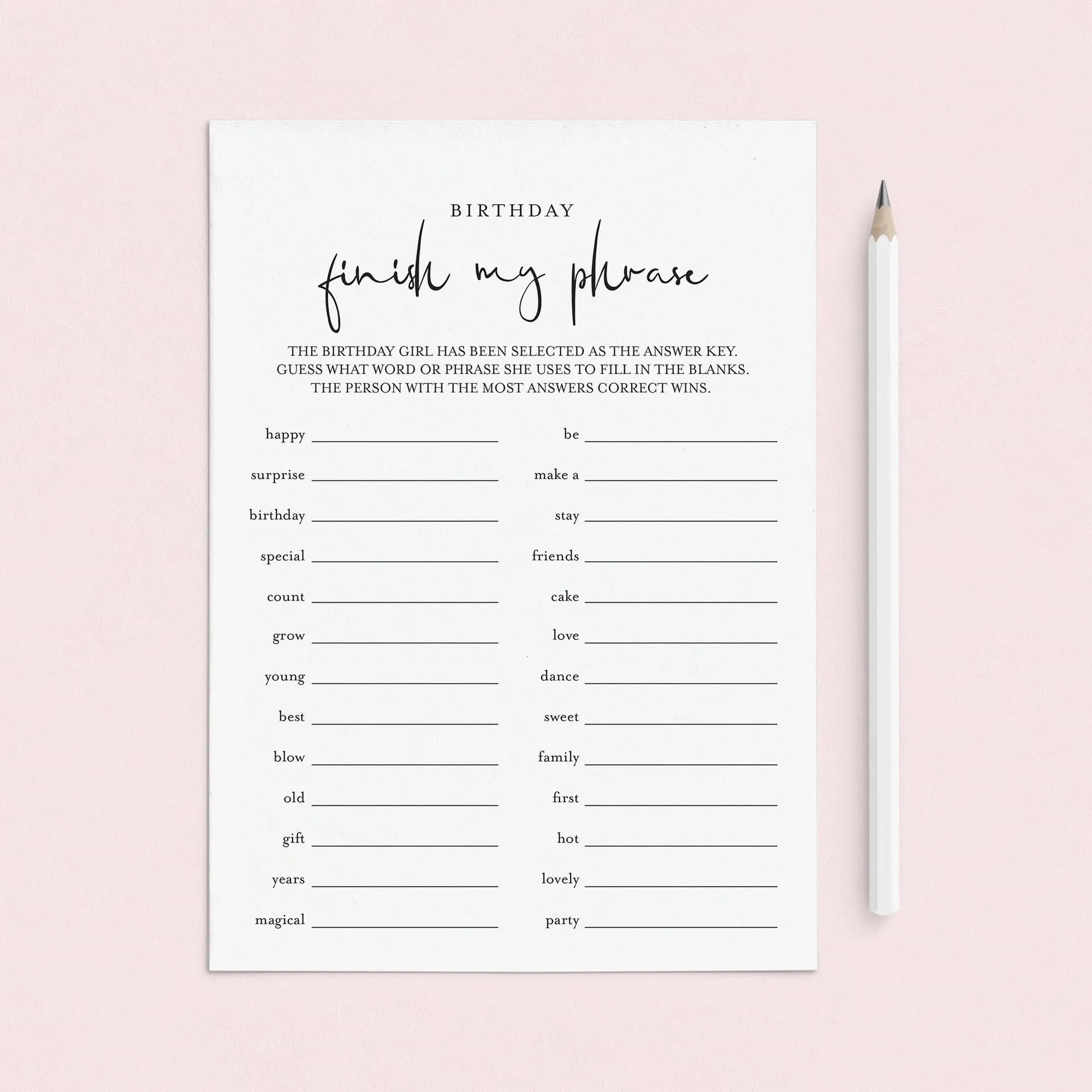 Girl Birthday Game for Groups Finish My Phrase Printable