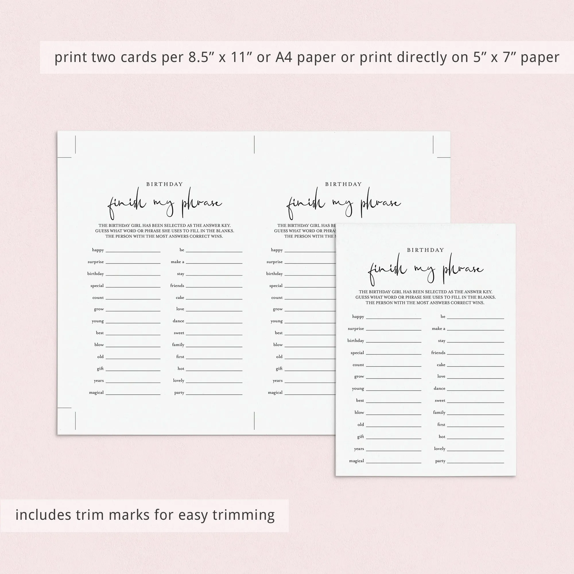 Girl Birthday Game for Groups Finish My Phrase Printable