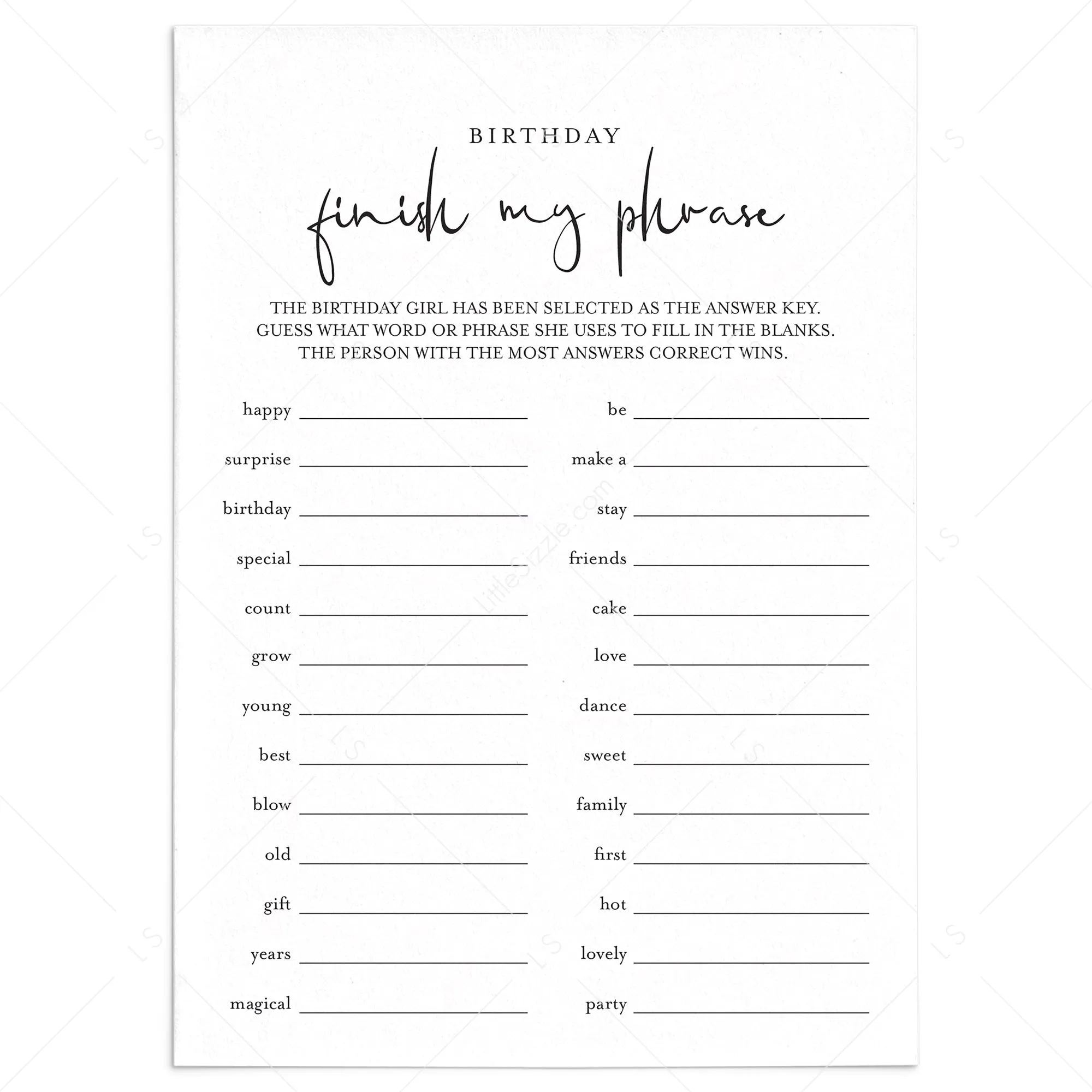 Girl Birthday Game for Groups Finish My Phrase Printable