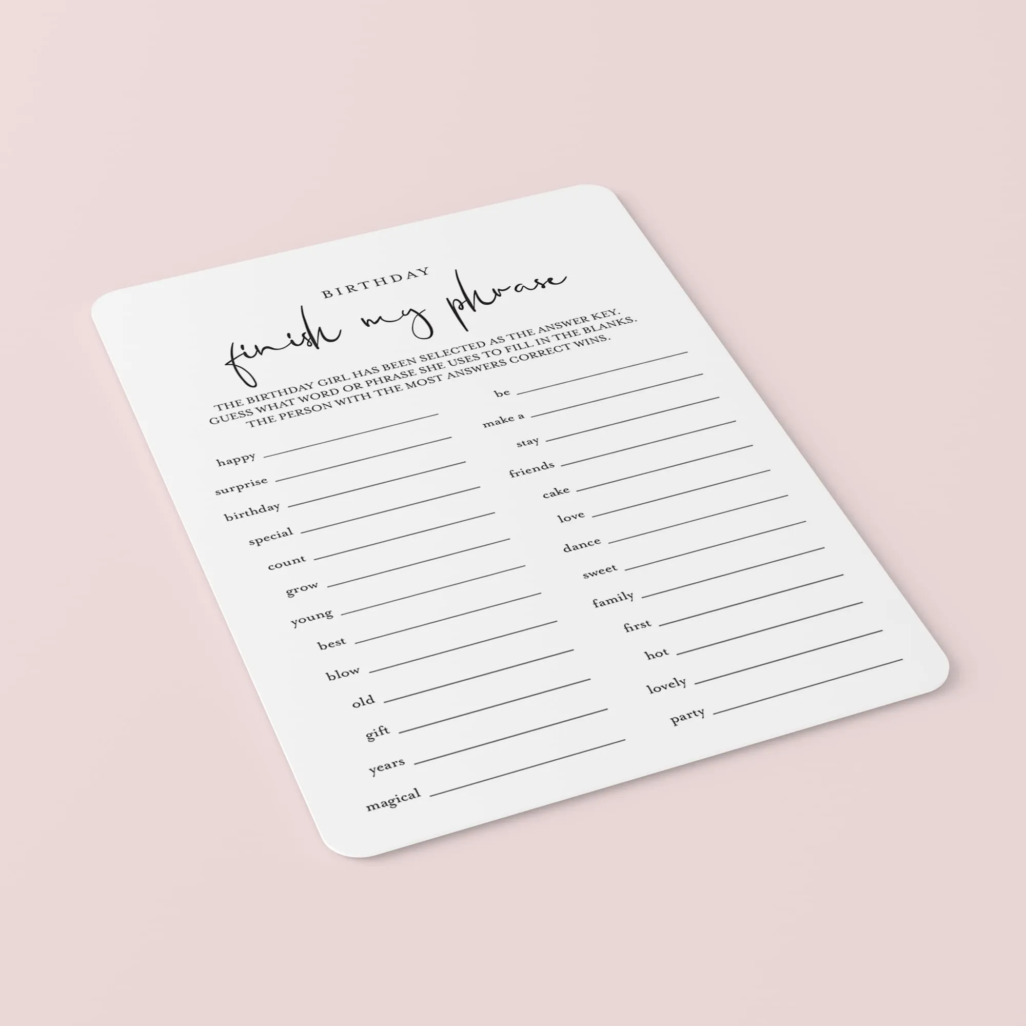 Girl Birthday Game for Groups Finish My Phrase Printable