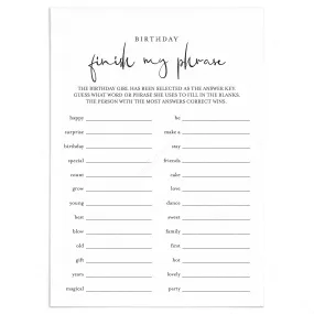 Girl Birthday Game for Groups Finish My Phrase Printable