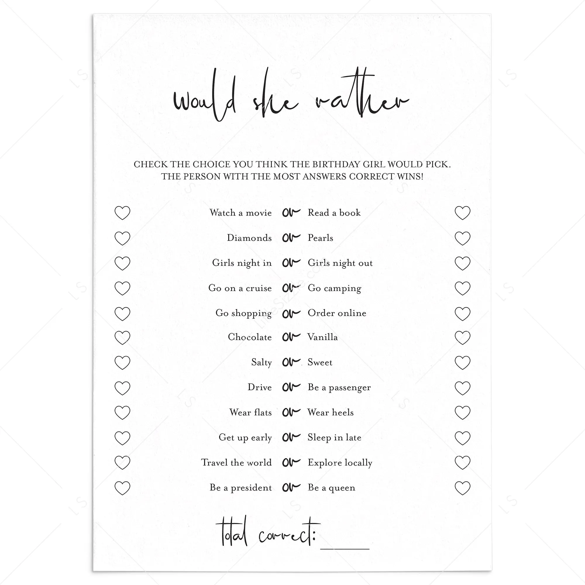 Girl Birthday This or That Game Printable