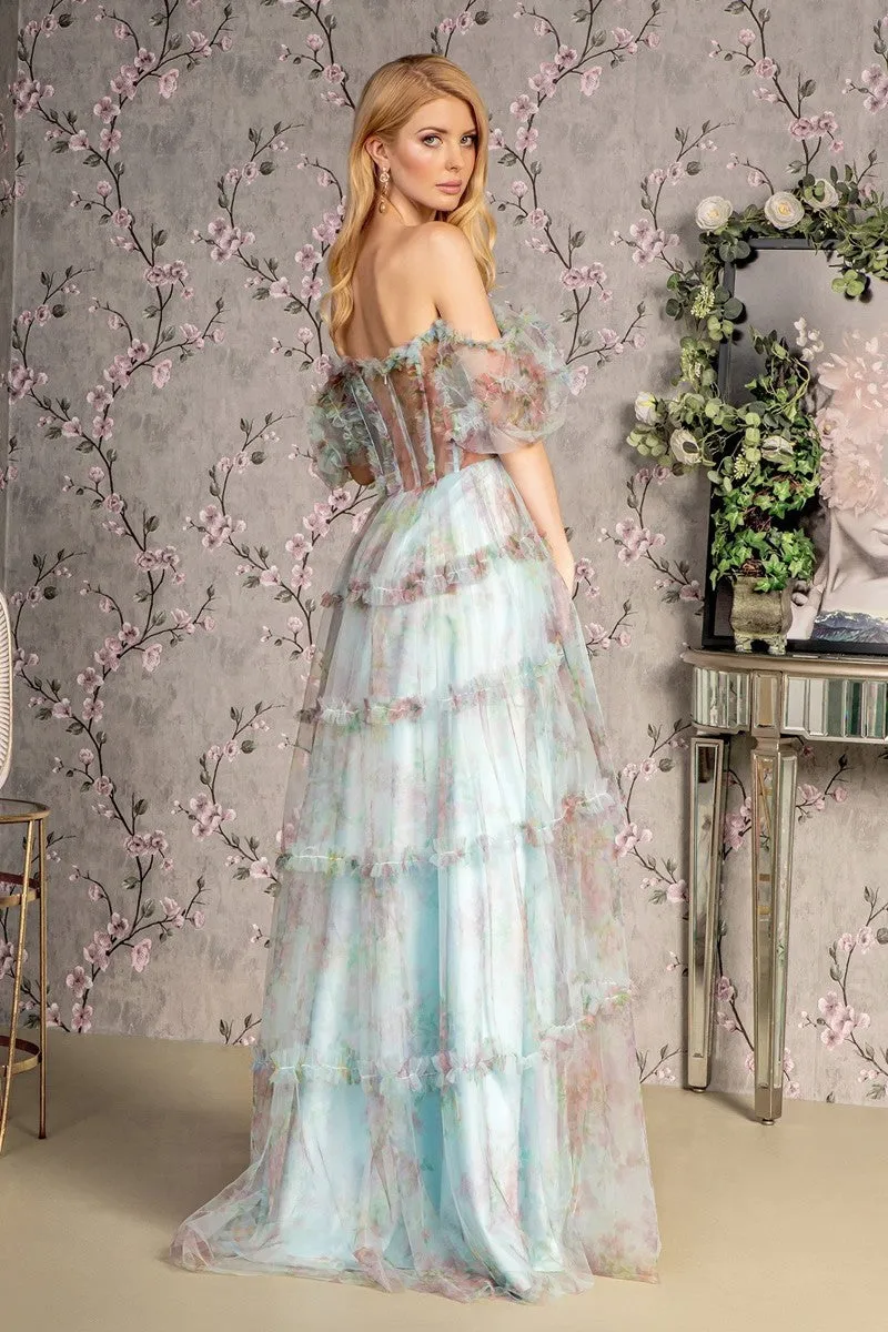 GL 3394 - Off the Shoulder Floral Print A-Line Prom Gown with Sheer Corset Bodice & Layered Ruffle Tulle Skirt