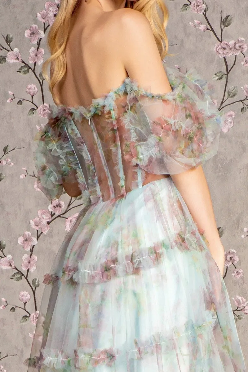 GL 3394 - Off the Shoulder Floral Print A-Line Prom Gown with Sheer Corset Bodice & Layered Ruffle Tulle Skirt