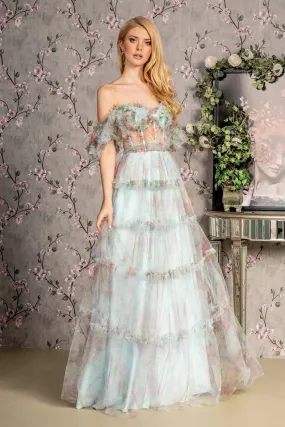 GL 3394 - Off the Shoulder Floral Print A-Line Prom Gown with Sheer Corset Bodice & Layered Ruffle Tulle Skirt