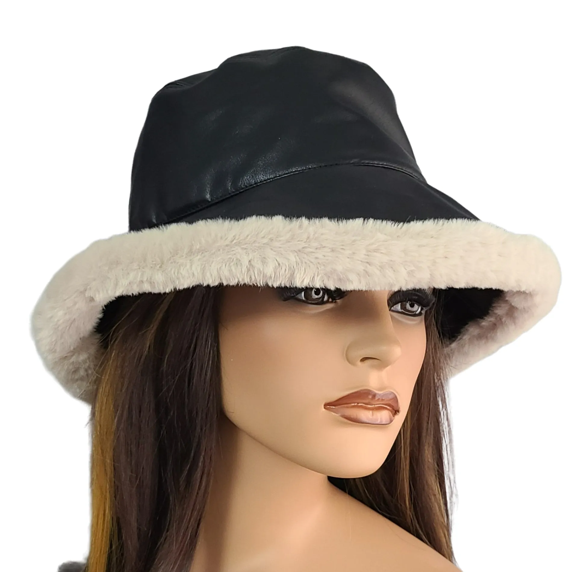 Glamorous Faux Leather Faux Fur Trim Bucket Hat