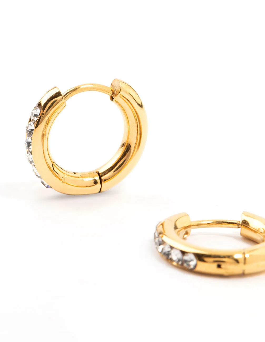 Gold Plated Stainless Steel Round Diamante Clicker Hoop Earrings