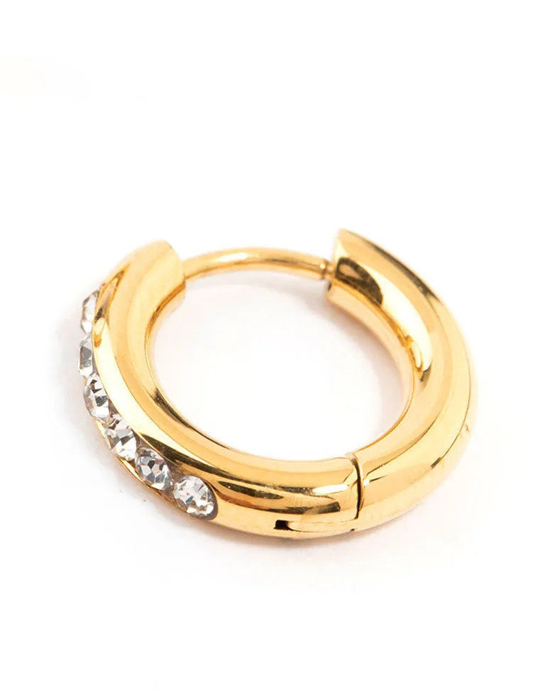 Gold Plated Stainless Steel Round Diamante Clicker Hoop Earrings