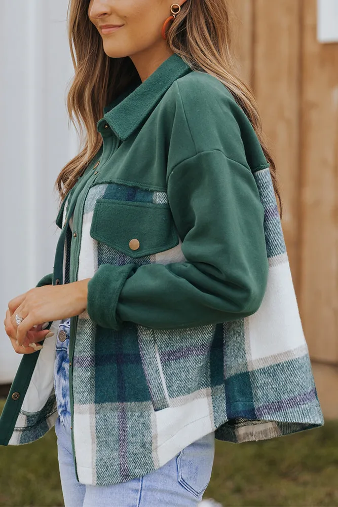 Green Snap Button Splicing Plaid Jackets