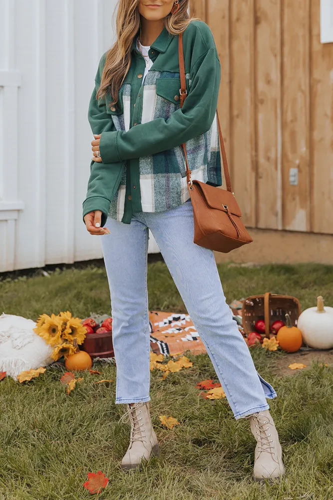 Green Snap Button Splicing Plaid Jackets