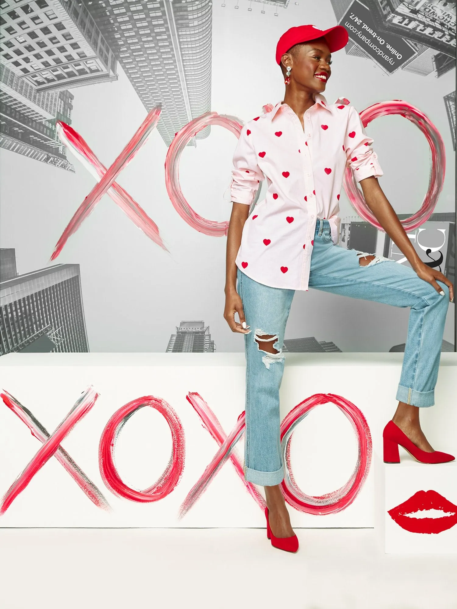 Heart-Print Button-Front Poplin Tunic Top