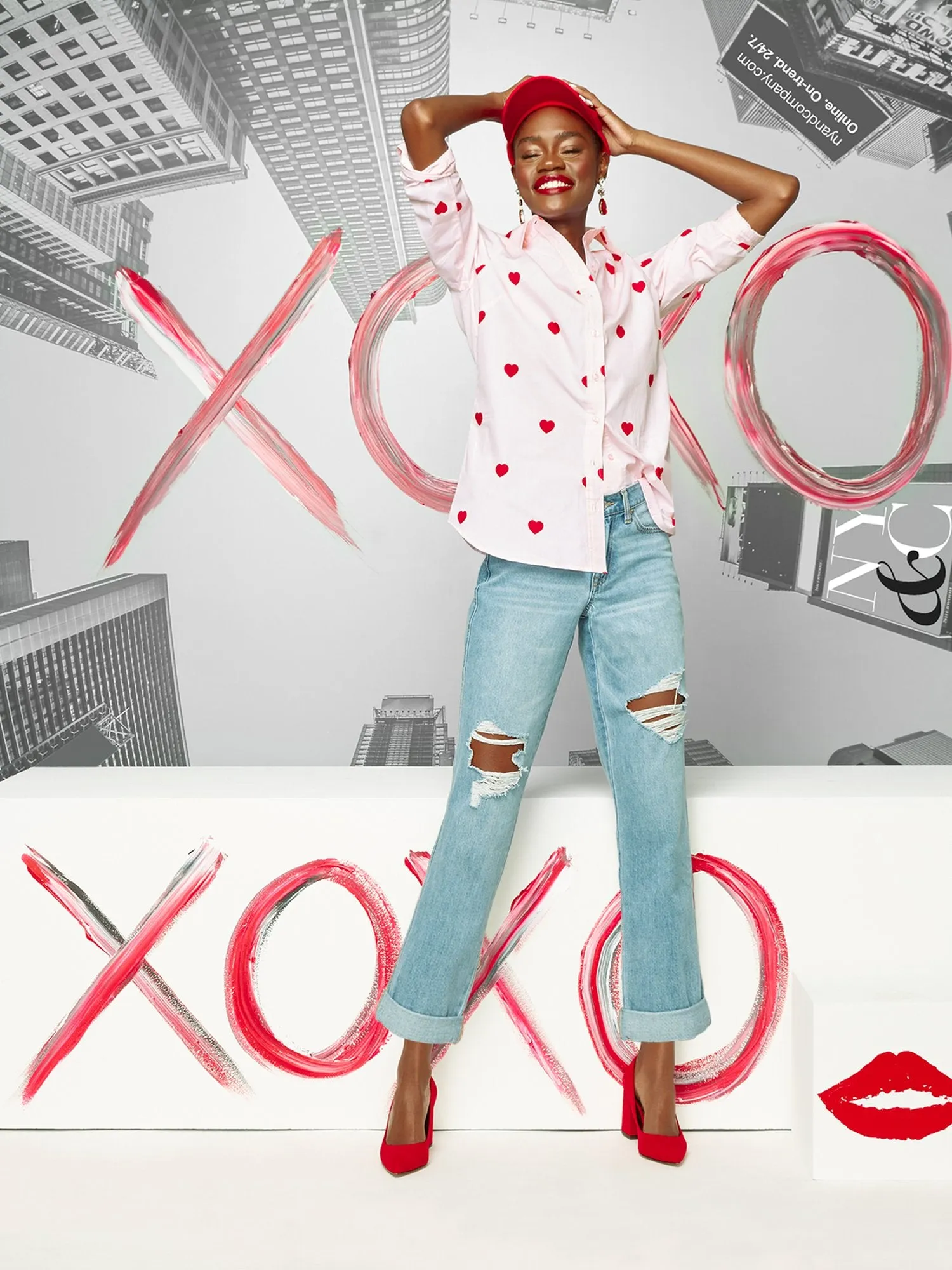 Heart-Print Button-Front Poplin Tunic Top