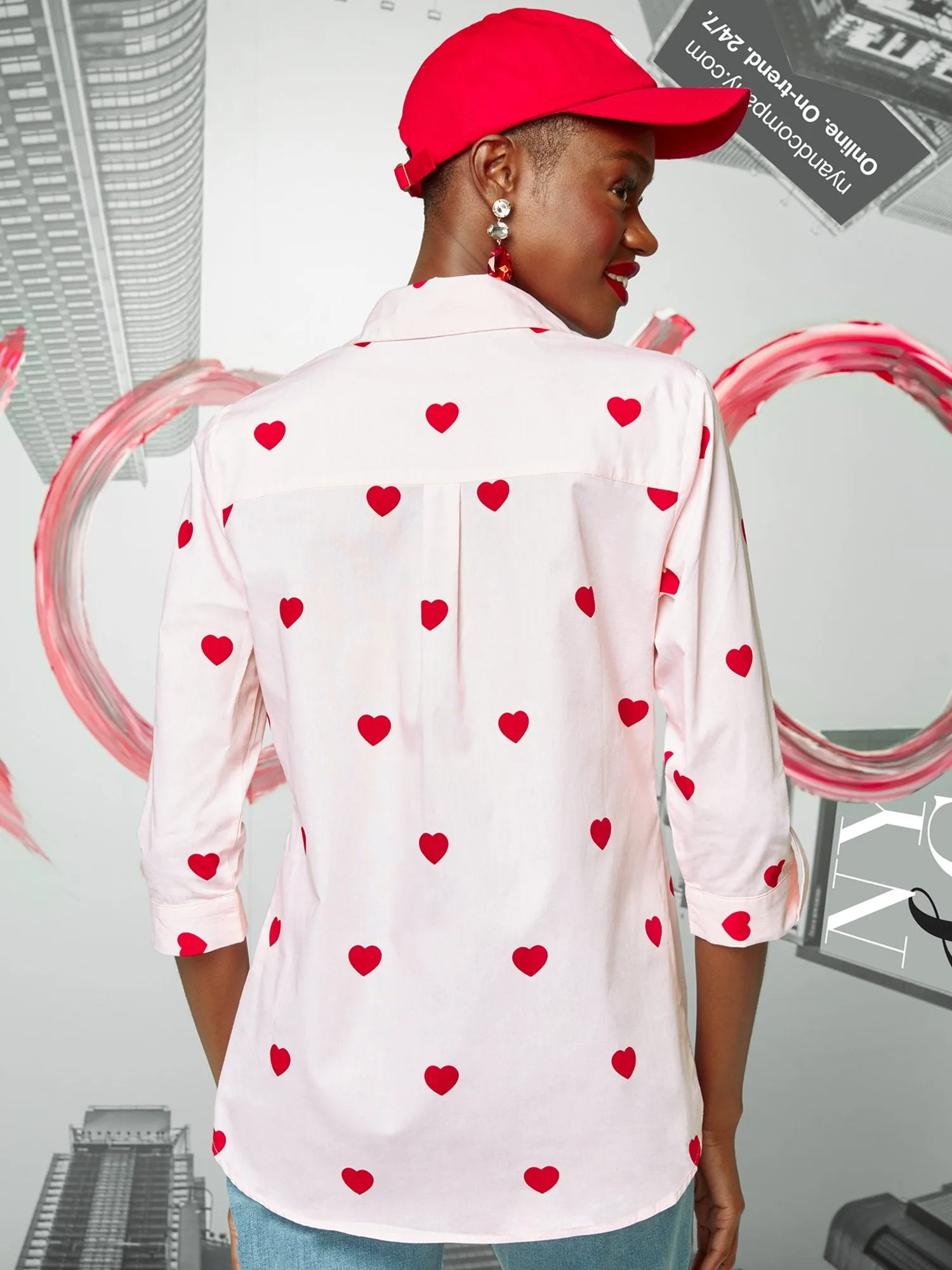 Heart-Print Button-Front Poplin Tunic Top