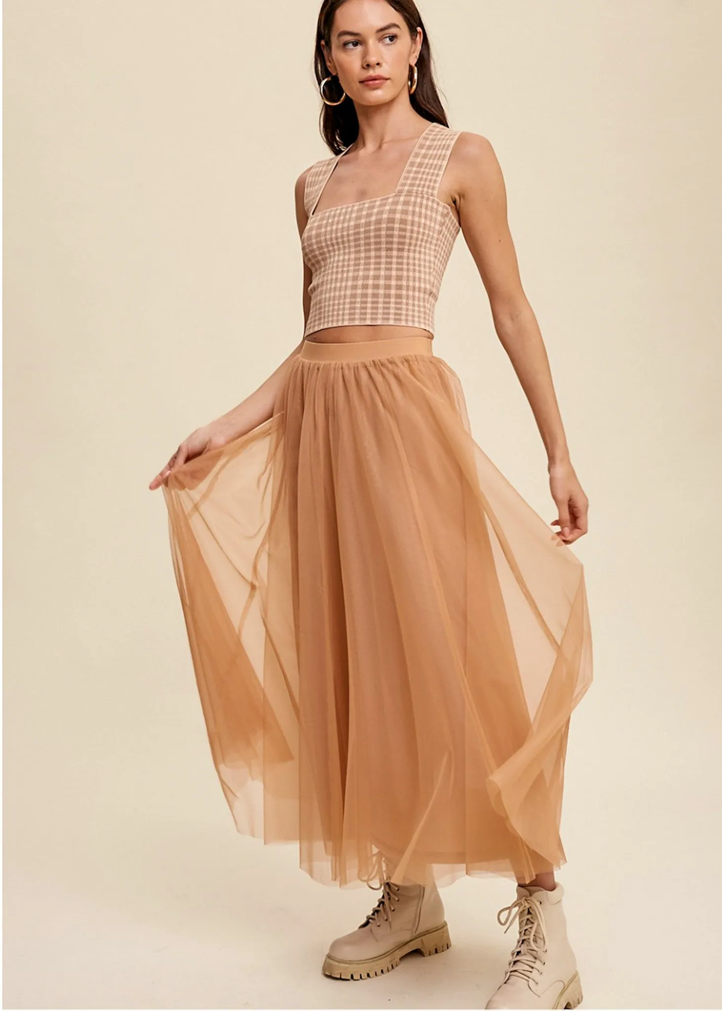 Heather, Women's Layered Tulle Midi Skirt, Dusty Peach