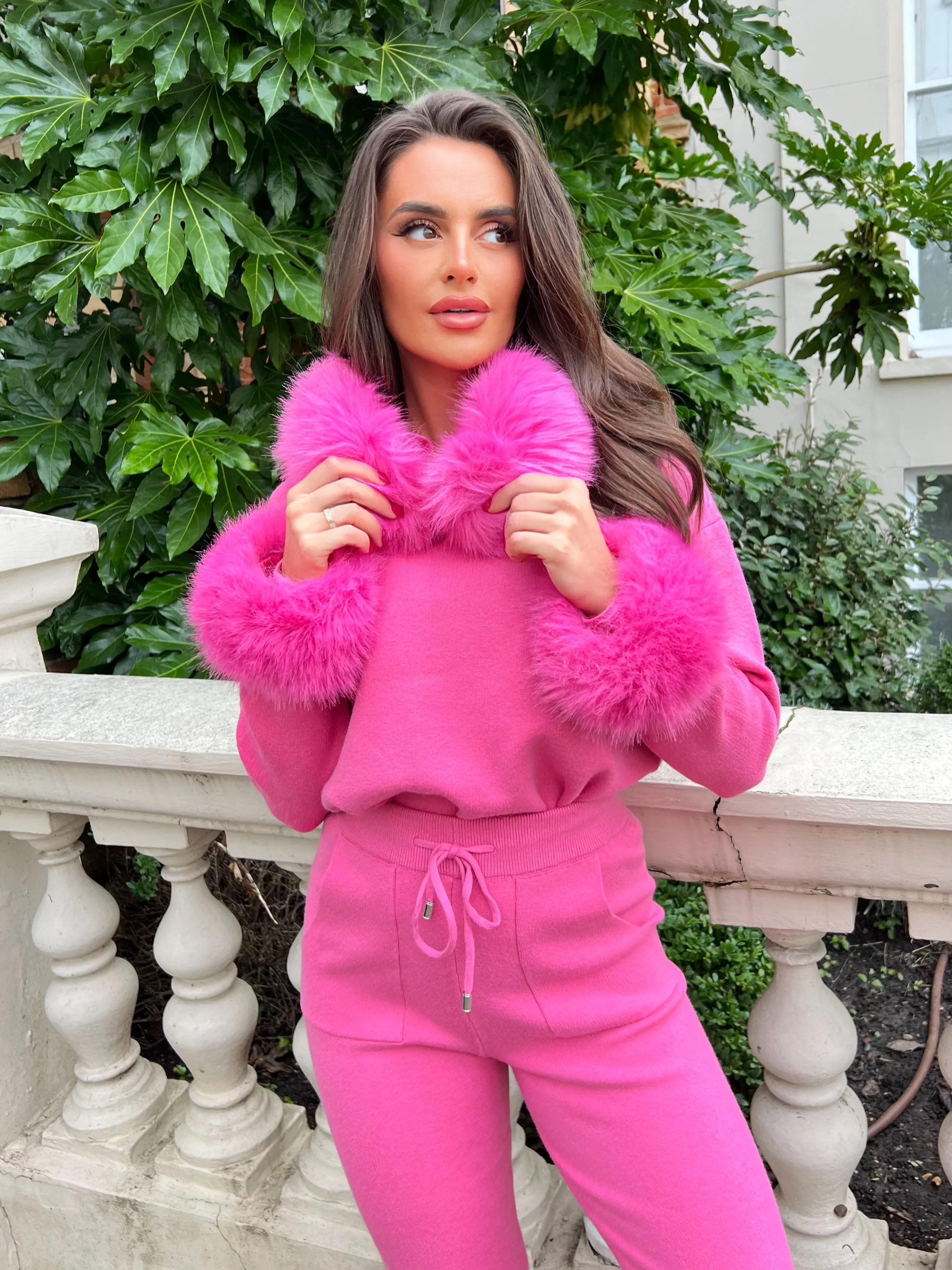 Hot Pink Premium Faux Fur Trim Hood & Cuff Jogger Tracksuit
