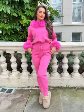 Hot Pink Premium Faux Fur Trim Hood & Cuff Jogger Tracksuit