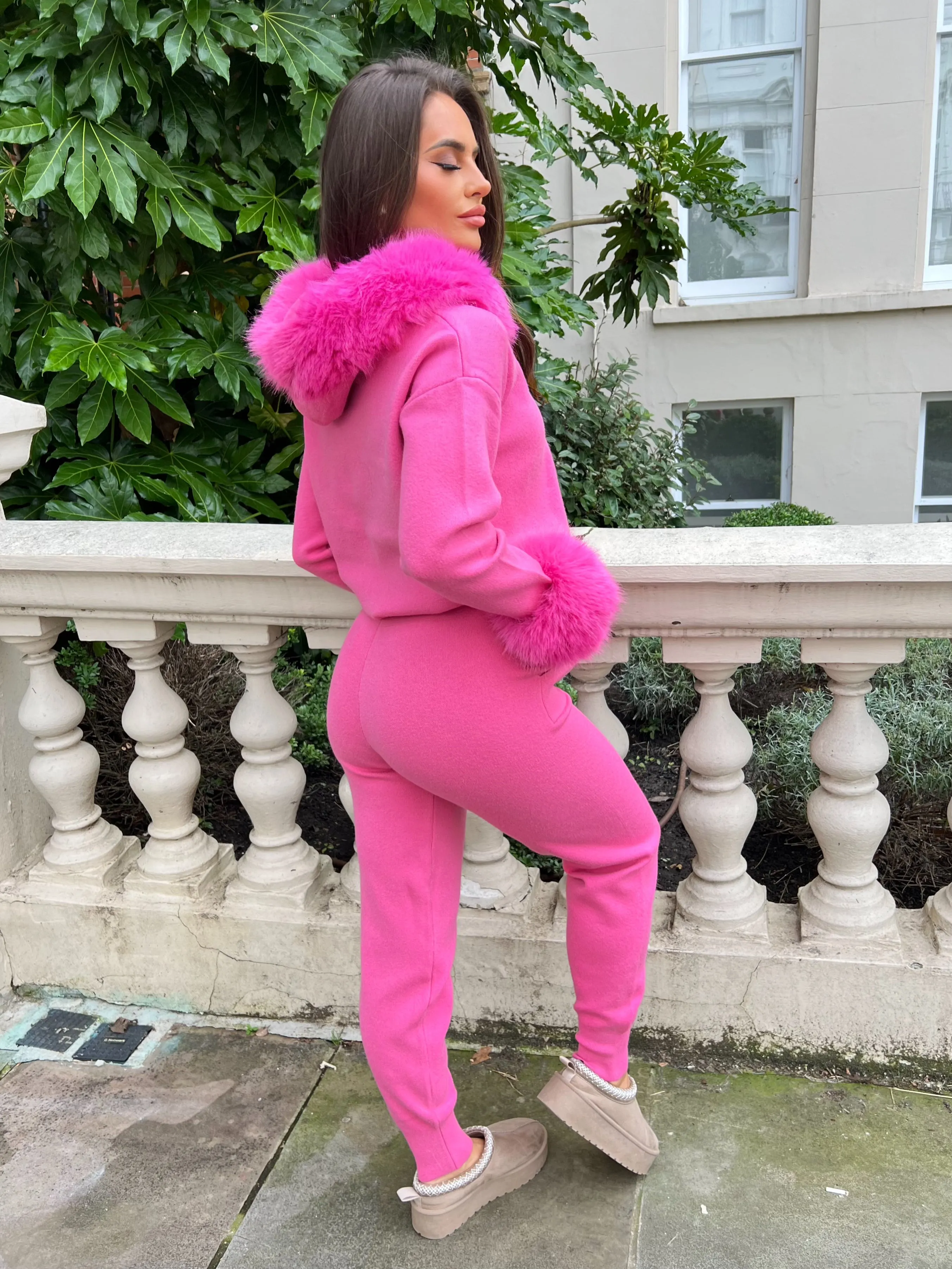 Hot Pink Premium Faux Fur Trim Hood & Cuff Jogger Tracksuit