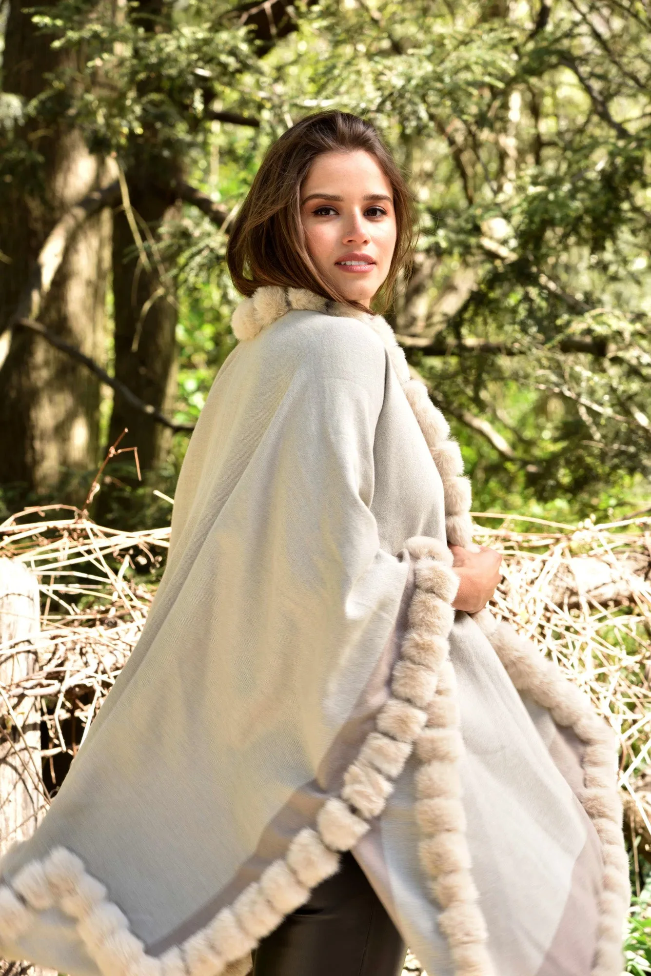 Houndstooth Cape/Wrap with Faux Trim - Beige/Taupe